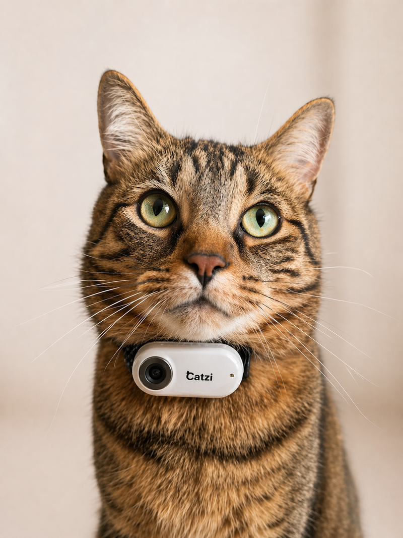 Cat wearing the Catzi Mini Cam on its collar